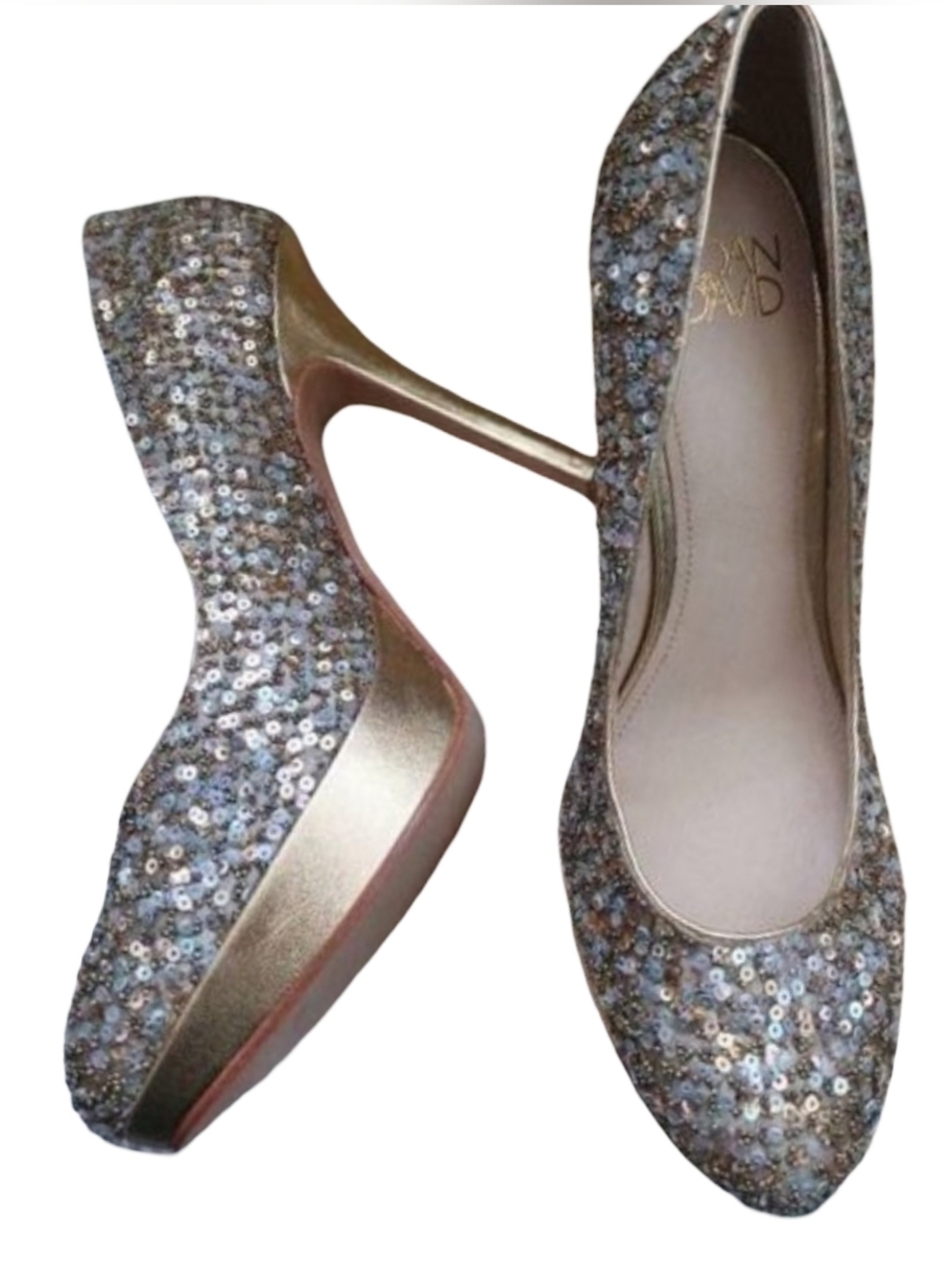 Joan & David Gold Sequin Platform Heels Pumps Size 6 Metallic Glam Party